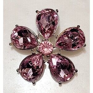 Pink Flower Rhinestone Brooch Valentines Silvertone Vintage
